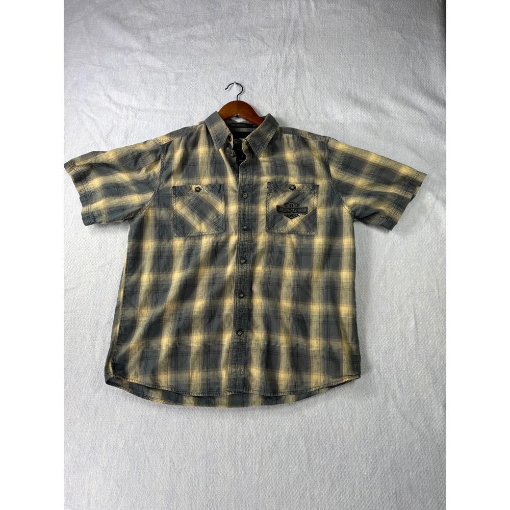 Harley Davidson Mens Large Plaid Short Sleeve Button Up Shirt Blue Tan Cotton